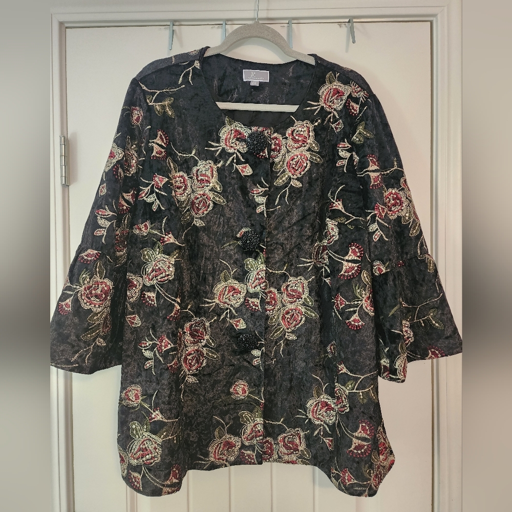 JM Collection Women's Crushed Velvet Floral Embroidered Jacket 3X Exquisite